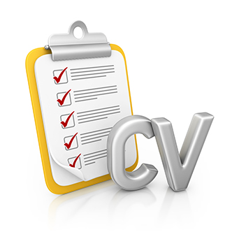 Illustration of a clipboard with ticks down the page with a large 'CV' in front of it.
