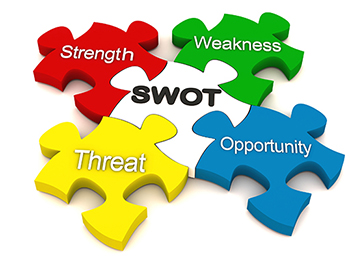Illustration of four interconnecting jigsaw pieces saying 'SWOT'