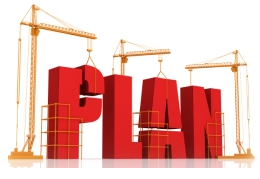 Illustration od the word 'Plan' with construction cranes building the the letters of the word.