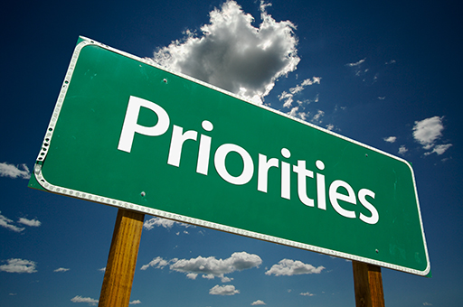 Photo of a road sign saying 'Priorities'.