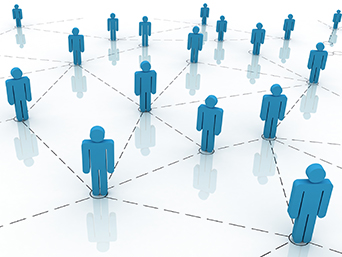 Illustration showing several outlines of people each connected to each other, creating a network of people.