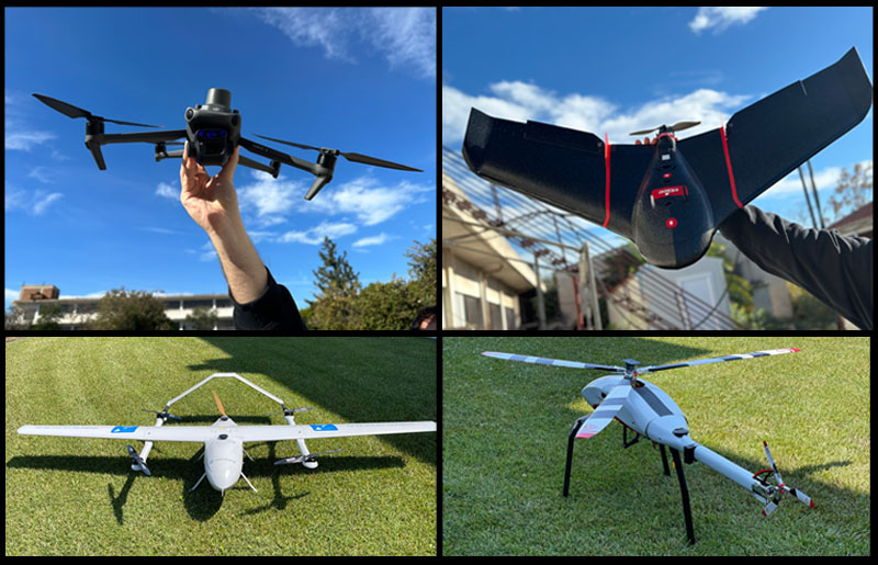 A montage of four different designs of drone