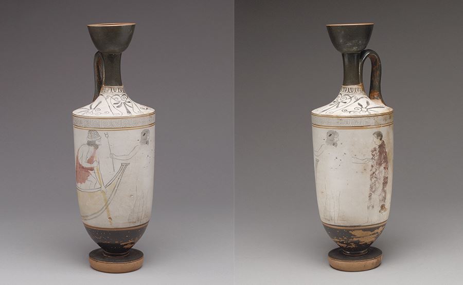 White-ground lekythos (c.450BC). Hermes guides a departed spirit towards the ferryman Charon.