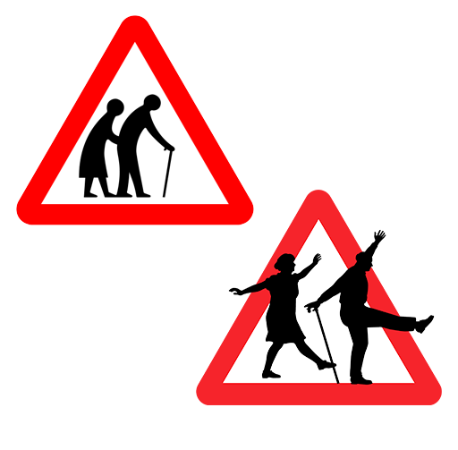 Image showing the UK traffic sign for older and disabled pedestrians crossing alongside the Centre for Ageing Better design competition winner. The competition winning design is a parody image of UK traffic sign, depicting two people dancing and breaking out of the red triangle frame.