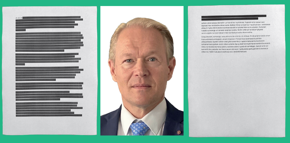 Portrait of Aaro Suonio, and two pages of heavily redacted text in Finnish.