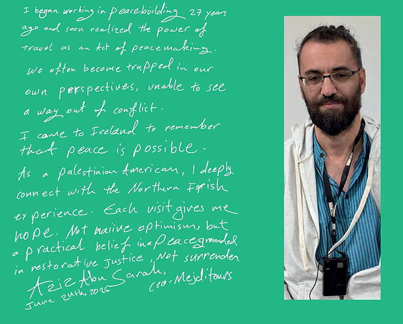 Aziz Abu Sarah's photo and handwritten statement. See details below for text transcript.