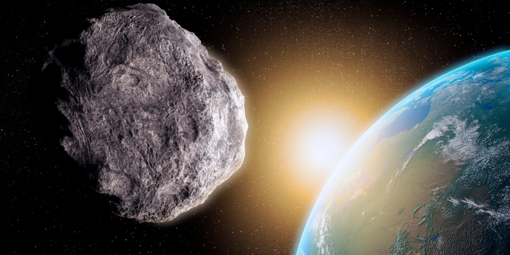 Asteroid in space next to planet Earth 