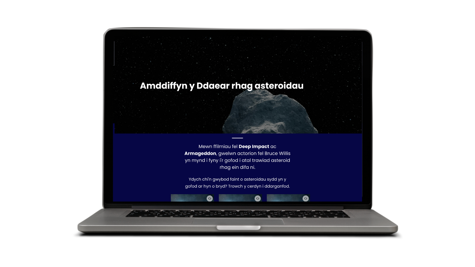 Amddiffyn y ddaear rhag asteroidau ar sgrin gliniadur