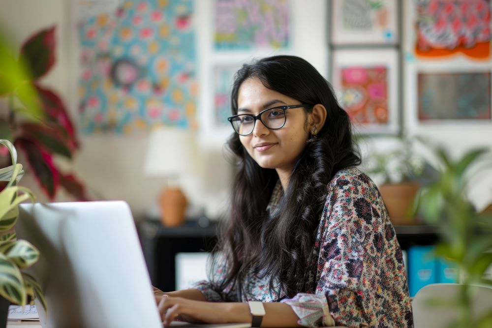 A young Indian woman dedicated to e-learning at her home office, using a laptop for webinars and courses