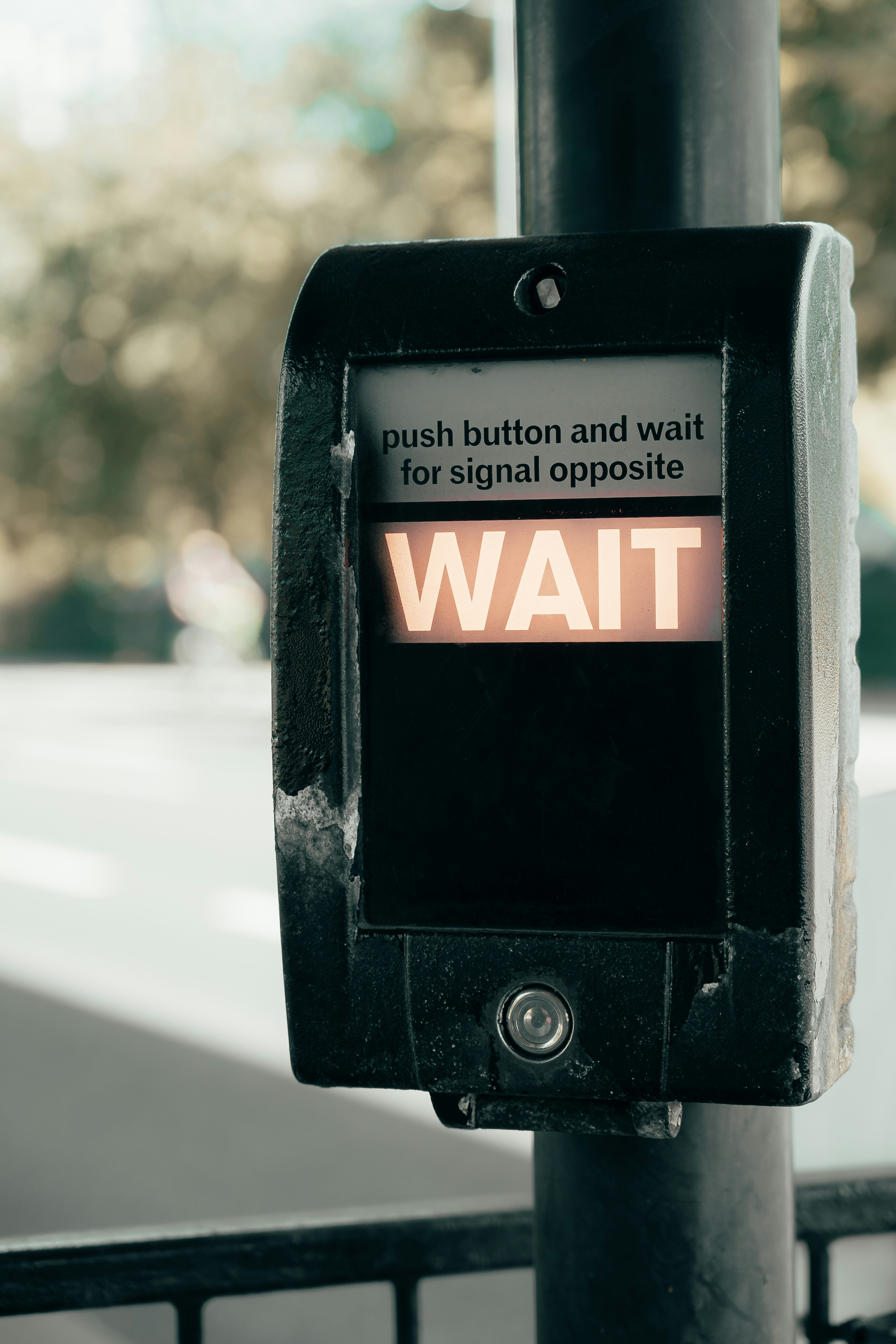 Photo of the Wait button at a traffic light crossing in London
