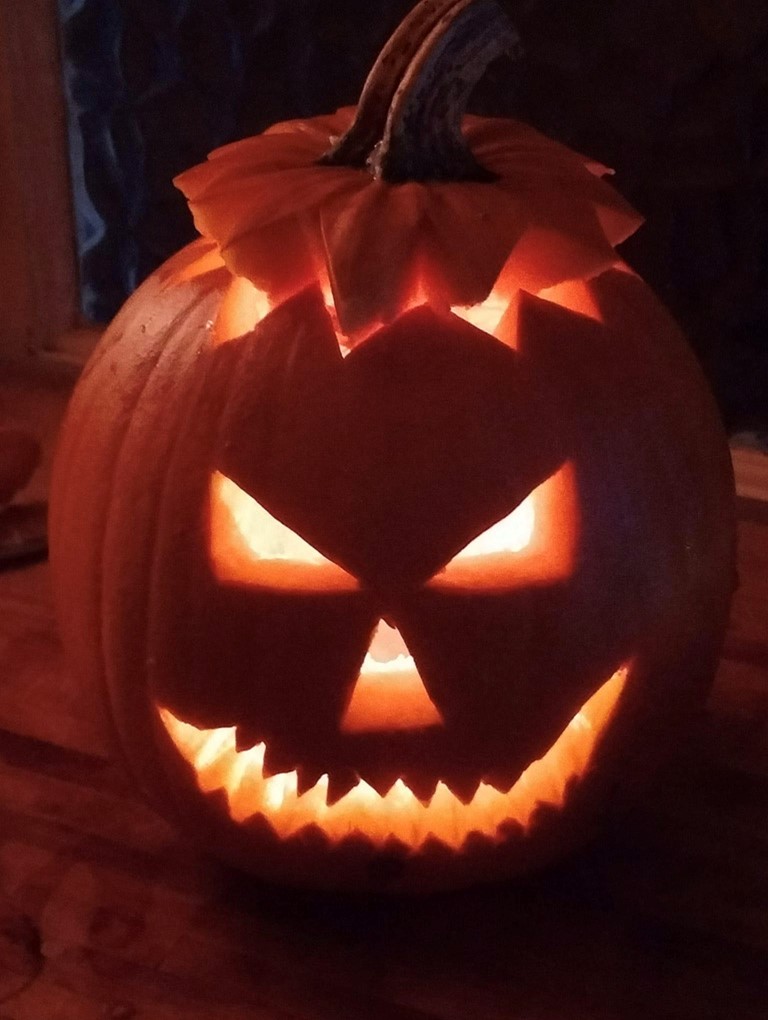 A jack-o-lantern lit up