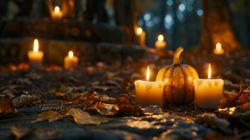 A Celtic altar is prepared for Samhain, featuring pumpkins, and glowing candles surrounded by autumn foliage. AI generated