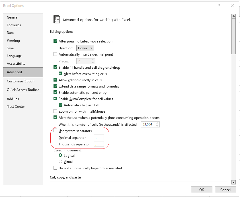 Screenshot showing how to select the advanced option in Excel