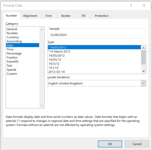 Format Cells window in Excel