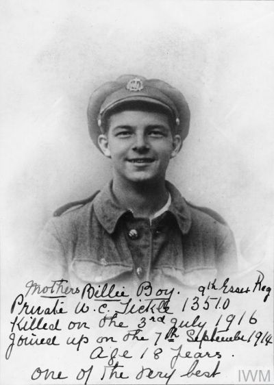Photo of Private William Cecil Tickle. His mother's handwritten note on the photograph describes him as One of the very best
