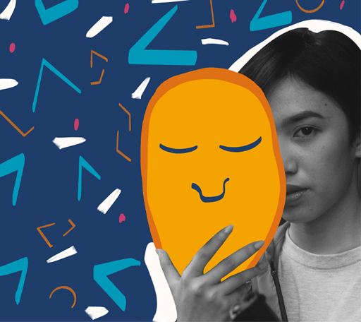 An image of a face holding up a cartoon mask in front of their face.