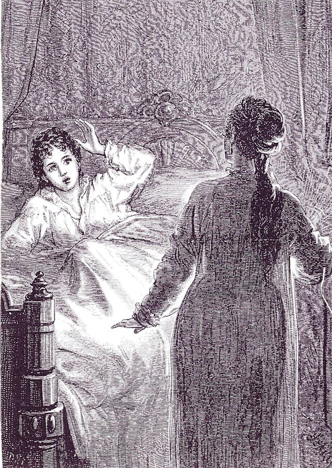 Illustration from Carmilla: Laura in bed, visited by Carmilla.