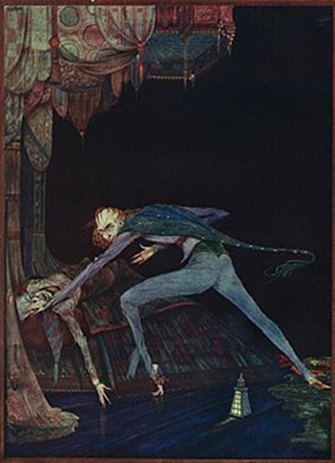 The image shows a tall, lean figure bending over another person who is in bed. The standing figure turns towards the viewer, 
