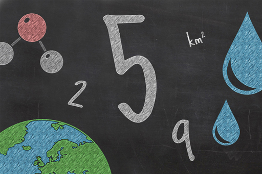 This is an illustration which includes the world, water droplets, molecules and numbers.