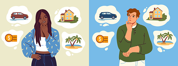 A cartoon illustration of two young adults thinking about financial decisions. Each of the two adults has four thought bubbles surrounding them. In the four bubbles are: a car, a house, a financial savings account, and a desert island (used to represent a holiday).