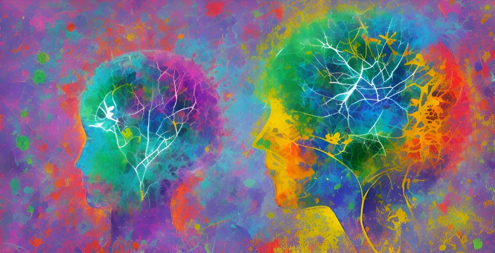 Abstract concept art of neurodiversity - two colourful brains