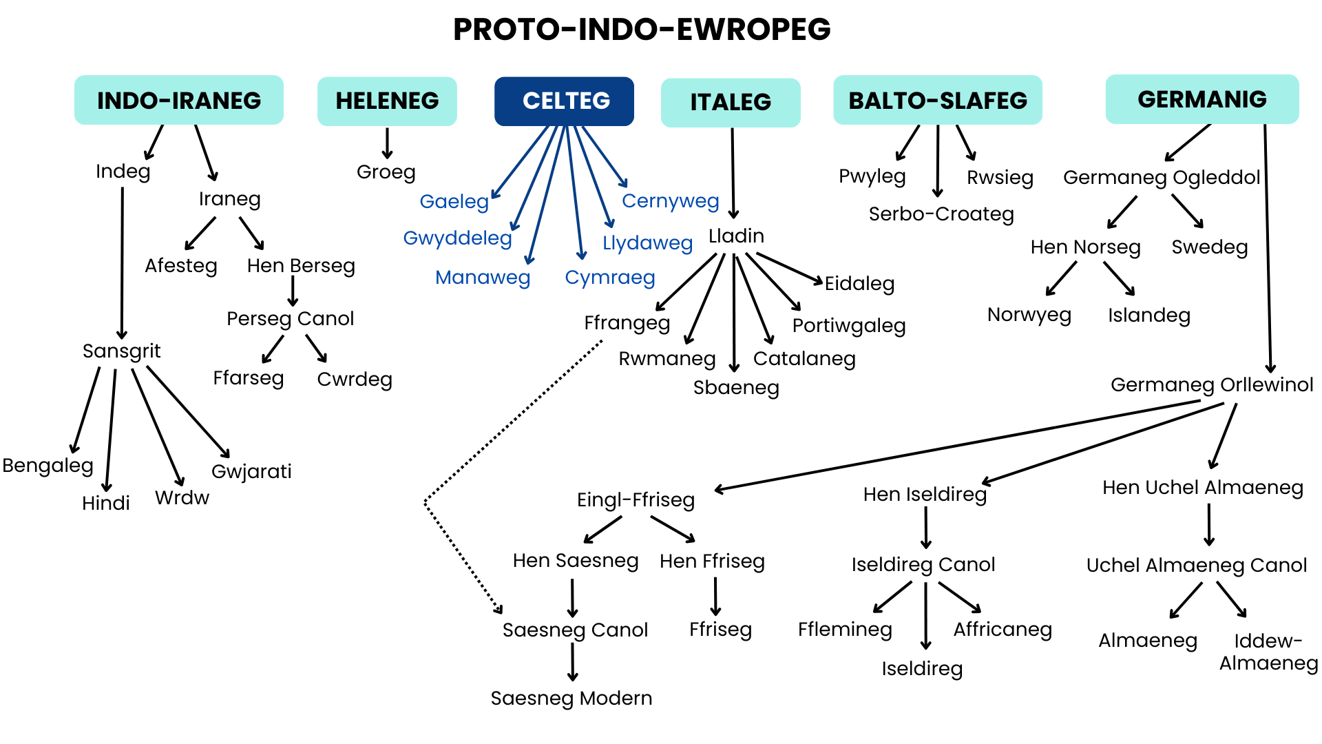 Model o goeden iaith yn dangos y cysylltiadau rhwng (prif) ieithoedd y teulu Indo-Ewropeaidd.