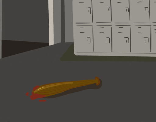 Illustration of a baseball bat covered in blood on the floor of a gym locker room.