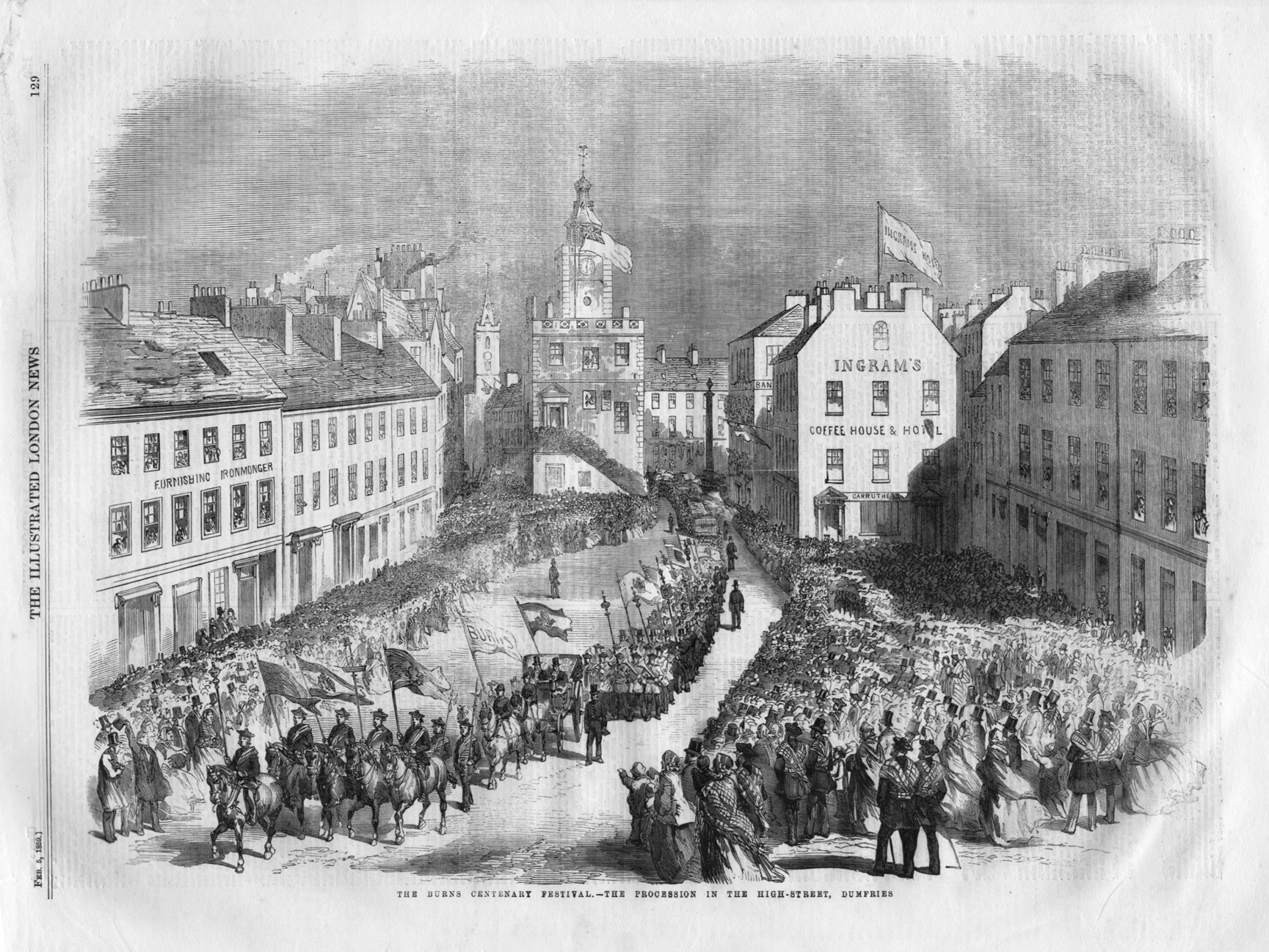 A black and white photo of a procession. Crowds line the street to watch the procession.