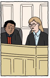 Illustration of magistrates or judges, seated at the bench in a courtroom setting.
