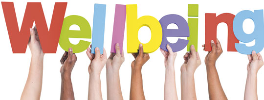 A colour image of several hands holding up letters that spell out the word ‘Wellbeing’.