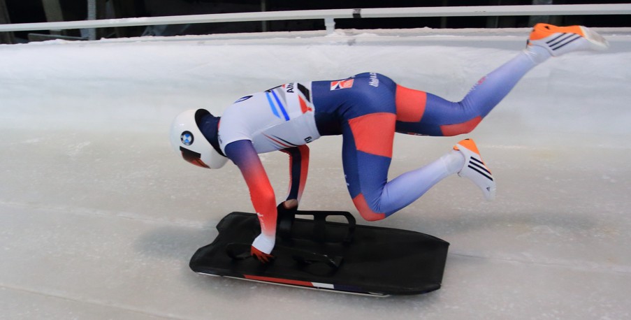 Marcus Wyatt of Team GB competing in the skeleton.