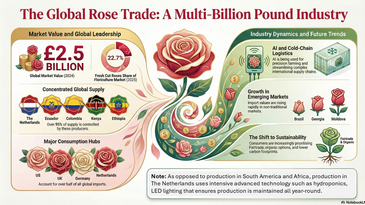 Infographic looking at the global rose trade. £2.5 billion market value (2024), Fresh cut roses have a 22.7% share of the floriculture market (2025). 95% of supply is controlled by The Netherlands, Ecuador, Colombia, Kenya, Ethiopia. The US, UK, Germany and the Netherlands account for over half of all global imports. AI is being used for precision farming and streamlining complex international supply chains. Import values are rising rapidly in non-traditional markets such as Brazil, Georgia and Moldova. Consumers are increasingly prioritising Fairtrade, organic options, and lower carbon footprints. As opposed to production in South America and Africa, production in The Netherlands uses intensive advanced technology such as hydroponics