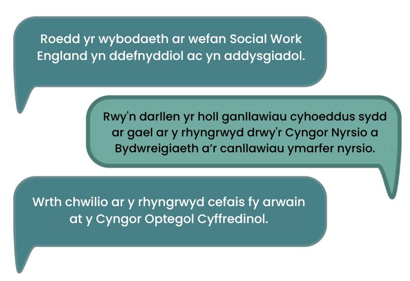 Dyma’r dyfyniad cyntaf: 'Roedd yr wybodaeth ar wefan Social Work England yn ddefnyddiol ac yn addysgiadol.' Dyma’r ail ddyfyniad: 'Rwy'n darllen yr holl ganllawiau cyhoeddus sydd ar gael ar y rhyngrwyd drwy'r Cyngor Nyrsio a Bydwreigiaeth a’r canllawiau ymarfer nyrsio.' Dyma’r trydydd dyfyniad: 'Wrth chwilio ar y rhyngrwyd cefais fy arwain at y Cyngor Optegol Cyffredinol.'
