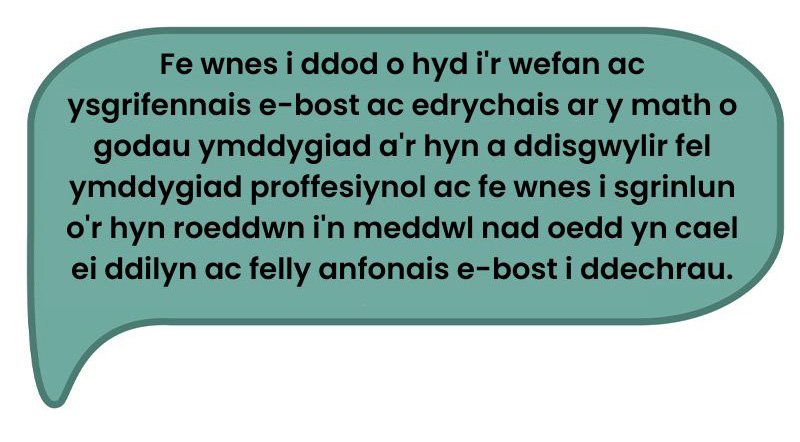 Dyma’r dyfyniad: 'Fe wnes i ddod o hyd i'r wefan ac ysgrifennais e-bost ac edrychais ar y math o godau ymddygiad a'r hyn a ddisgwylir fel ymddygiad proffesiynol ac fe wnes i sgrinlun o'r hyn roeddwn i'n meddwl nad oedd yn cael ei ddilyn ac felly anfonais e-bost i ddechrau.'
