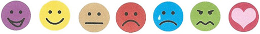Emotions from left to right: laughter, happy, indifference, sadness, upset, grumpiness or anger, and love/affection.