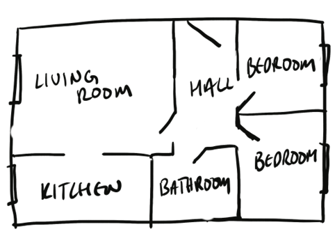 Drawing of a floorplan of a house.