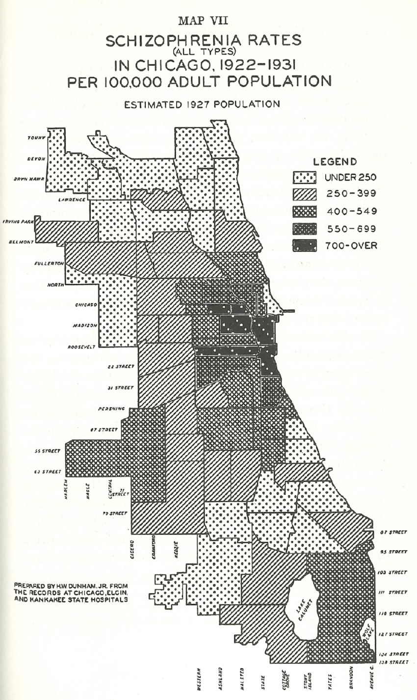 A map showing the geographical distribution of schizophrenia rates across Chicago neighbourhoods between 1922 and 1931.