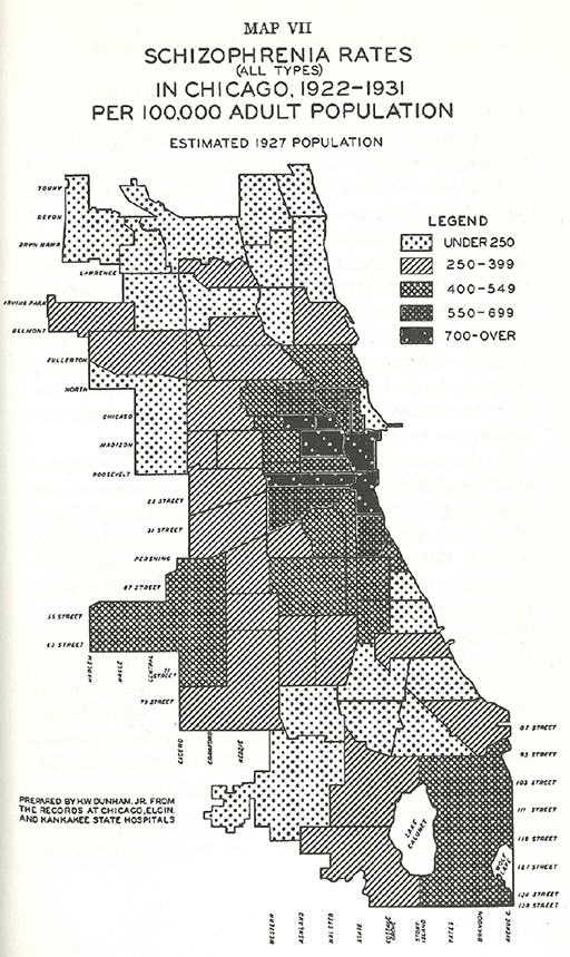 A map showing the geographical distribution of schizophrenia rates across Chicago neighbourhoods between 1922 and 1931.