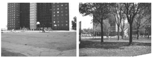 Two photographs of high-rise buildings, one has trees planted in front.