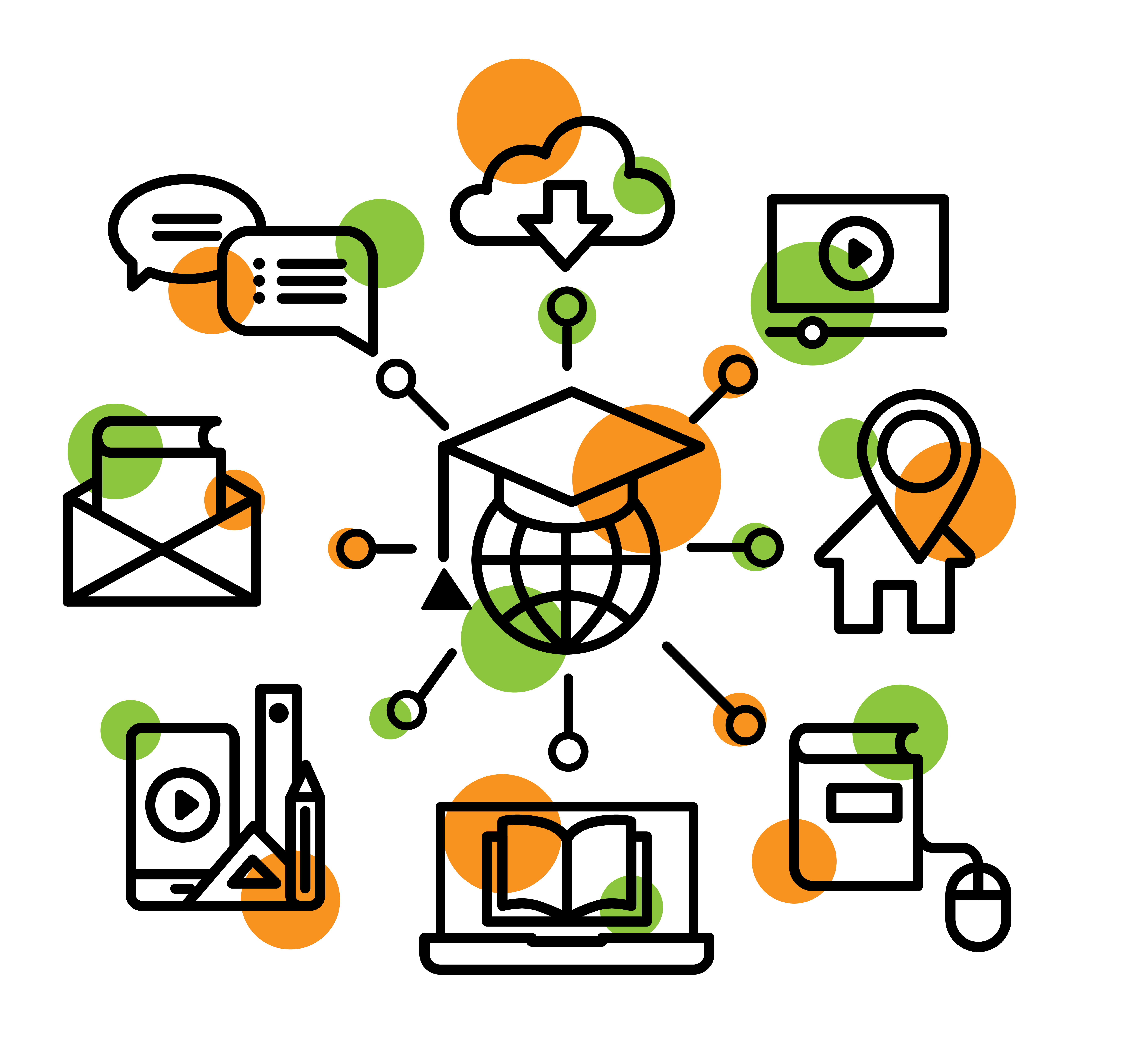 Vector-style infographic. In the centre is a globe topped with a graduation cap. Lines branch out from this central icon to the following icons: cloud downloading, a video player, a house with a location pin over it, digital book and mouse, laptop with open book, mobile learning tools, an open envelope, speech bubbles.