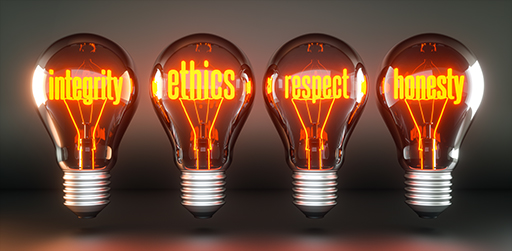 A row of light bulbs glows from within, their filaments spelling out the words of foundational values: Integrity, Ethics, Respect, and Honesty