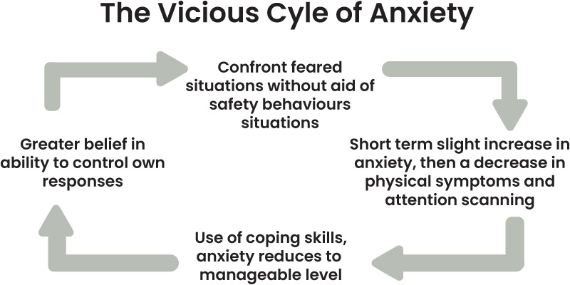 Flow diagram showing how to break the vicious cycle of anxiety. The cycle encourages confronting feared situations without relying on safety behaviours. This may initially increase anxiety, but physical symptoms and threat monitoring then decrease. Using coping skills reduces anxiety to a manageable level and increases confidence in managing one's own responses, making future feared situations easier to face.