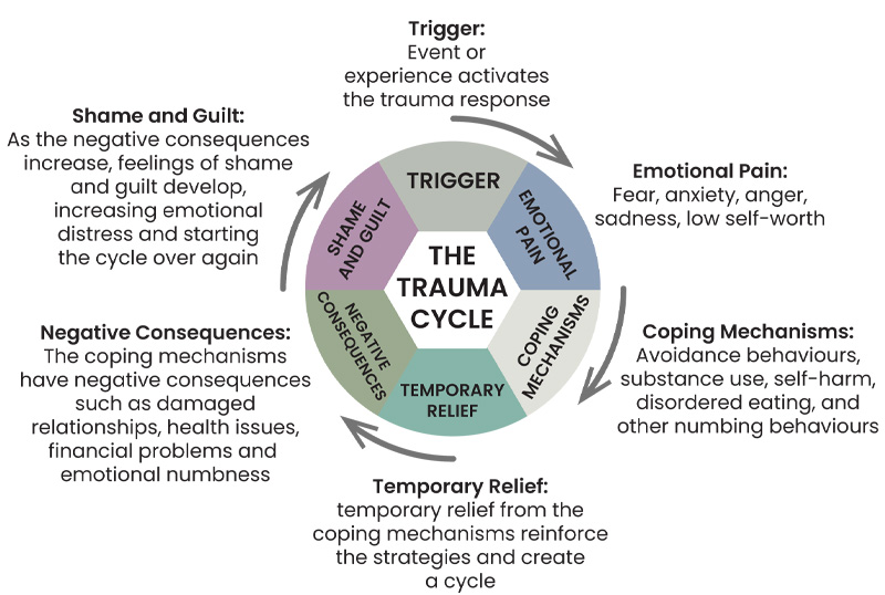 Infographic titled "The Trauma Cycle". A circular diagram shows how a triggering event or experience activates a trauma response, leading to emotional pain such as fear, anxiety, anger, sadness and low self-worth. Coping mechanisms, including avoidance, substance use, self-harm, disordered eating and other numbing behaviours, provide temporary relief. These coping mechanisms can lead to negative consequences, such as relationship difficulties, health problems, financial issues and emotional numbness. As shame and guilt increase, emotional distress grows, reinforcing and restarting the trauma cycle.