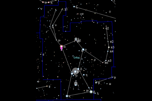 An image of the night sky showing the different stars making up Orion.
