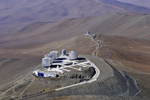 A photograph, from above, of the four units of the VLT at Paranal in Chile.