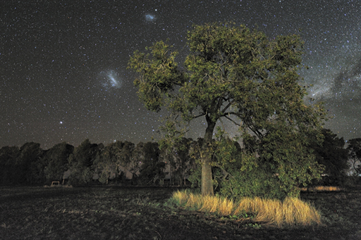 An image of the night sky, showing the Large and Small Magellanic Clouds.