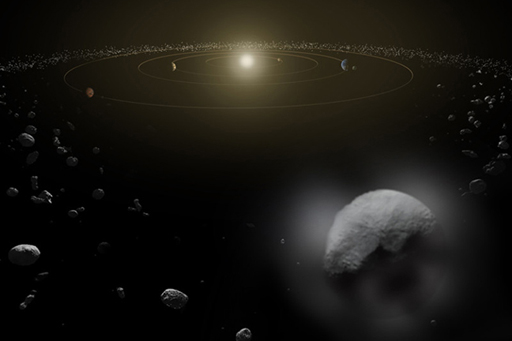 An image of a view from the asteroid belt looking towards the Sun.