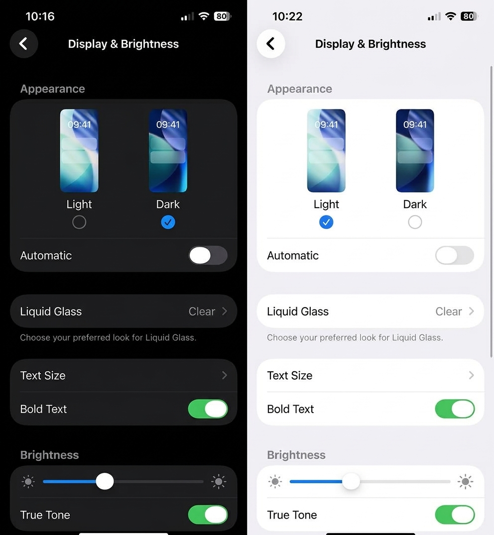 Display & Brightness screen shown on the left in dark mode and on the right in light mode
