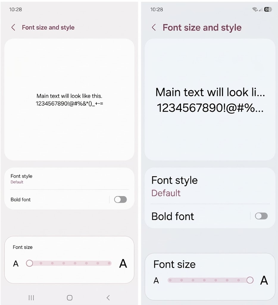 Two screenshots of the Font size and style page on an Android device. The left-hand image shows an example of text in small font size and the right-hand image shows an example of text in large font size.