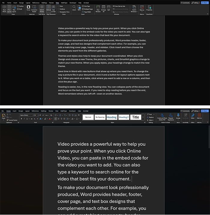 The image shows a split-view comparative screenshot of Microsoft Word running in dark mode, demonstrating different font sizes for the same body text.